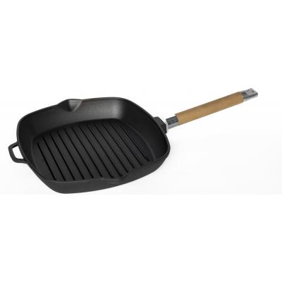 Сковорода-гриль 26*26 см. h=4,5 см. 1,7 л. чугун. рифлен. со съемн дерев. ручкой /1/8/