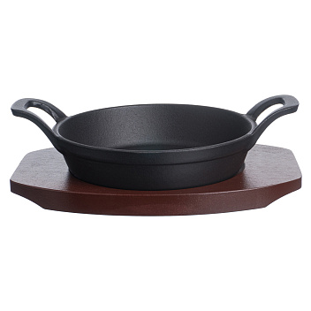 Сковорода порц. d=16 см. h=4,7 см. 0,5 л. чугун. с 2 ручками на дерев. подставке /1/